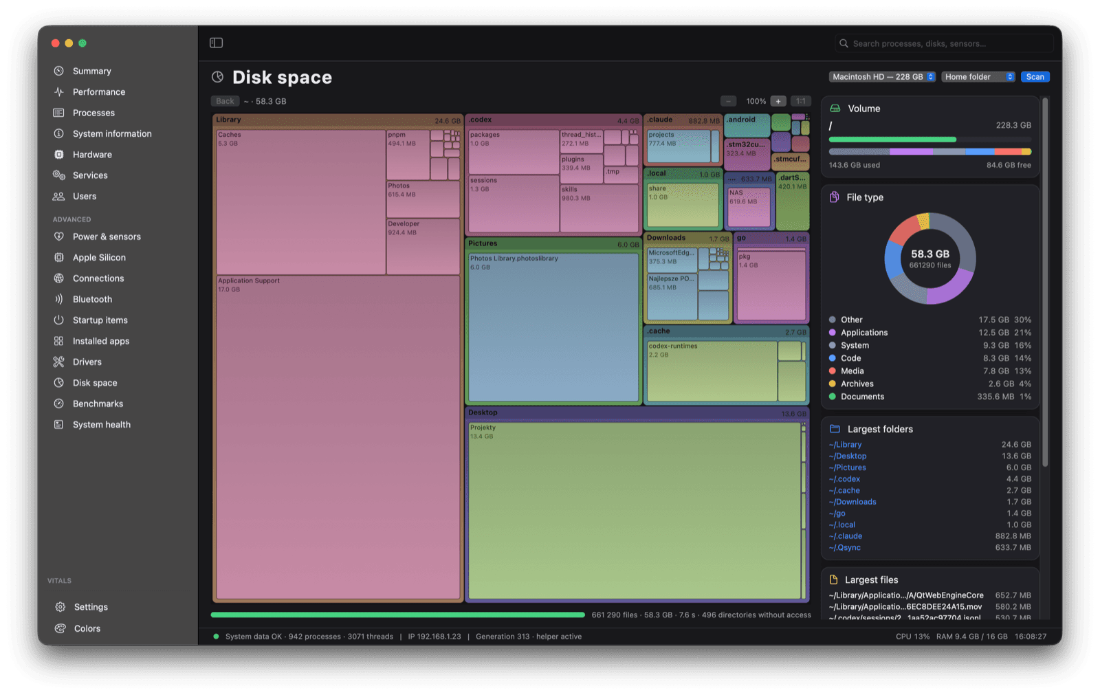 Page Espace disque de Tidix avec une treemap des dossiers et un anneau des types de fichiers