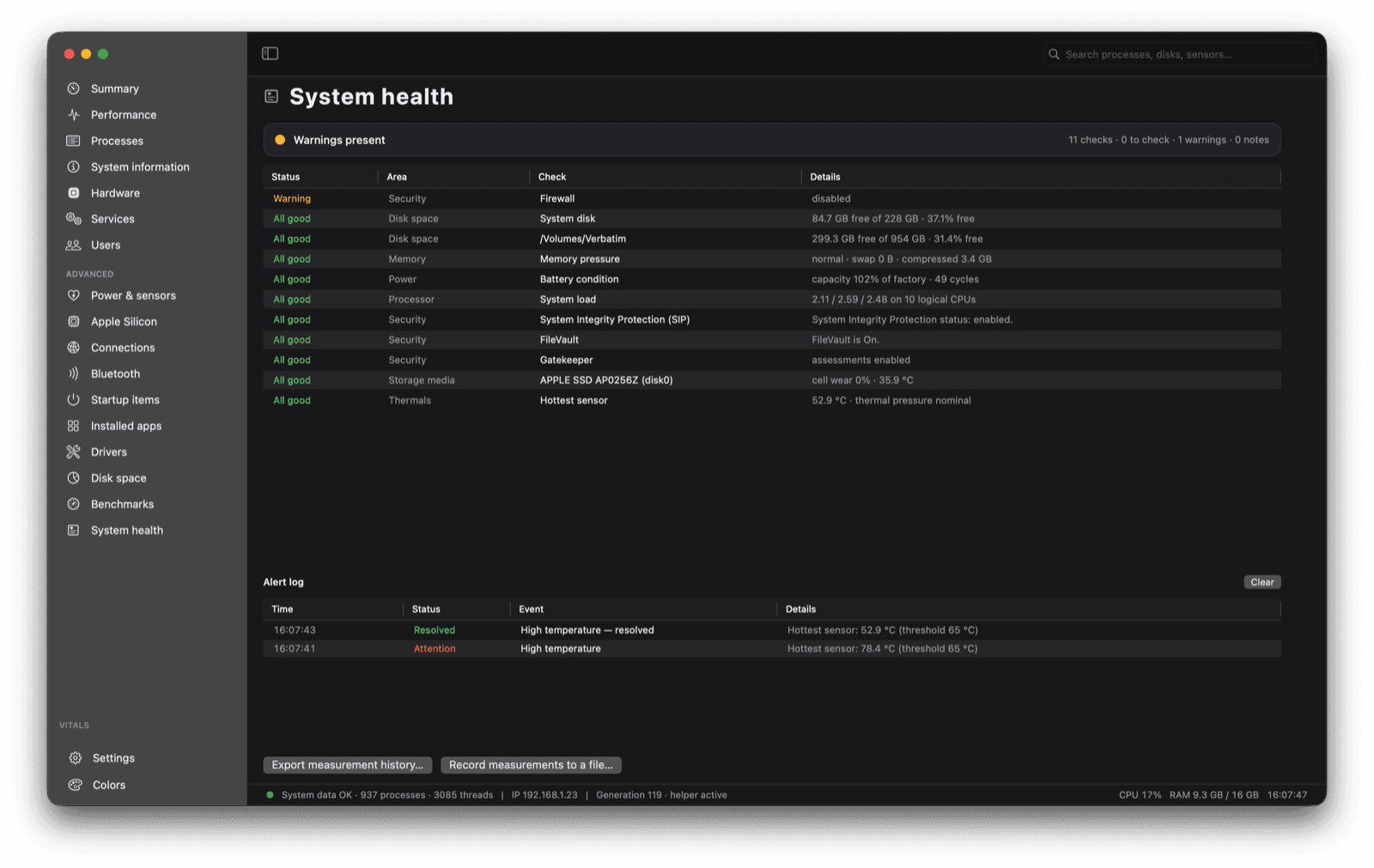 Tidix System health page with a list of checks and an alert log
