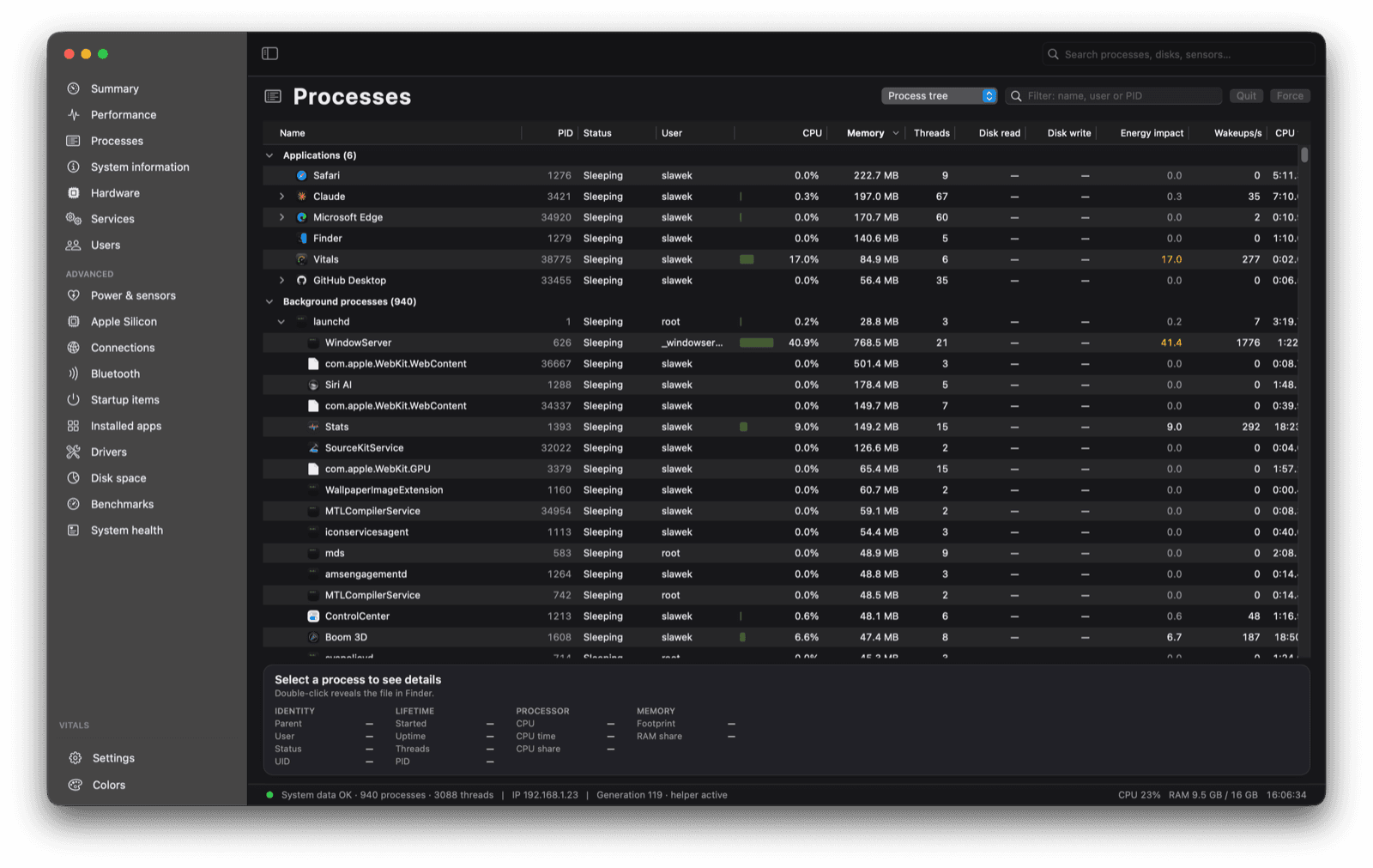 Tidix Processes page with a process tree and CPU, memory, and energy columns