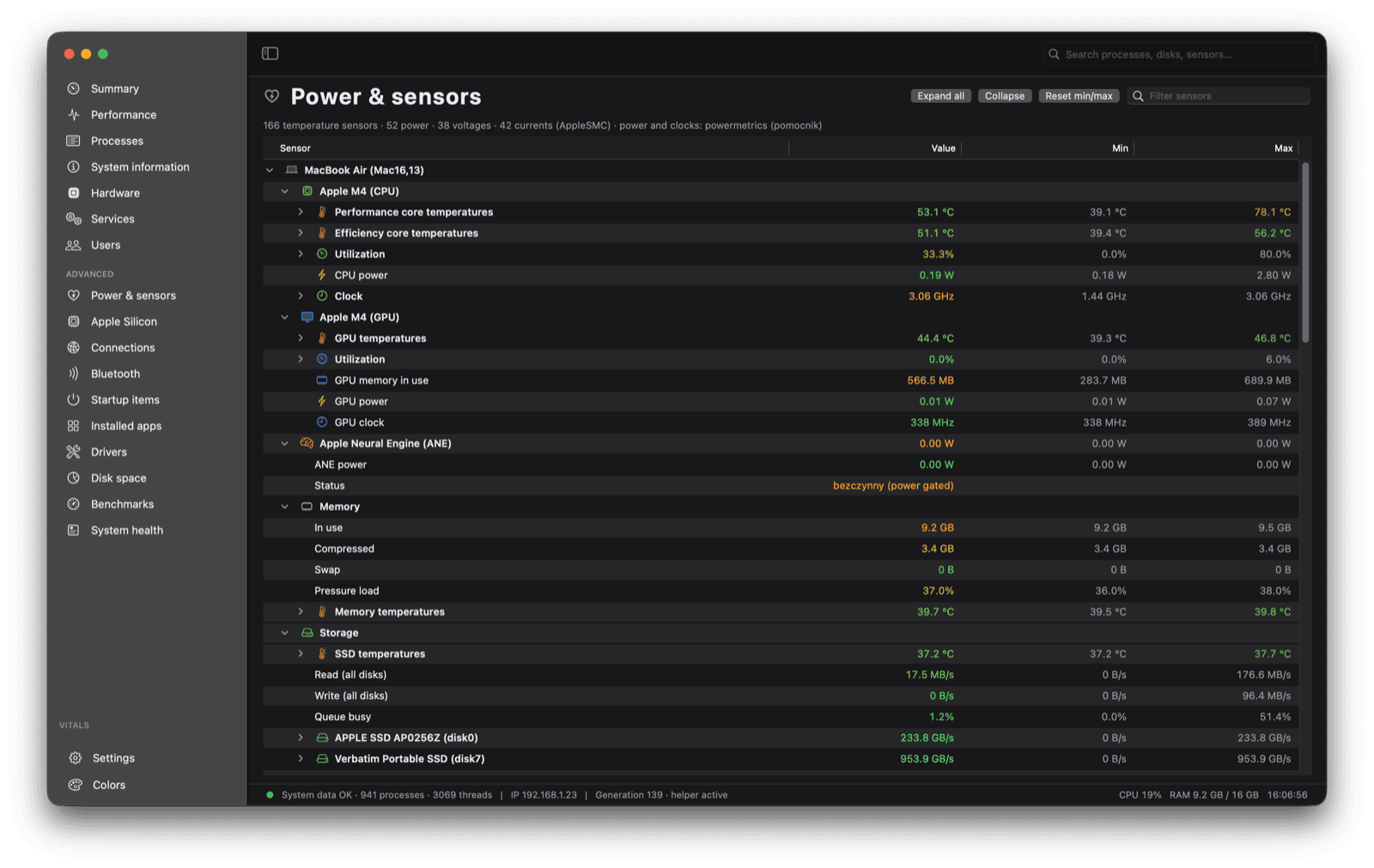 Page Alimentation et capteurs de Tidix avec l’arborescence des capteurs SMC
